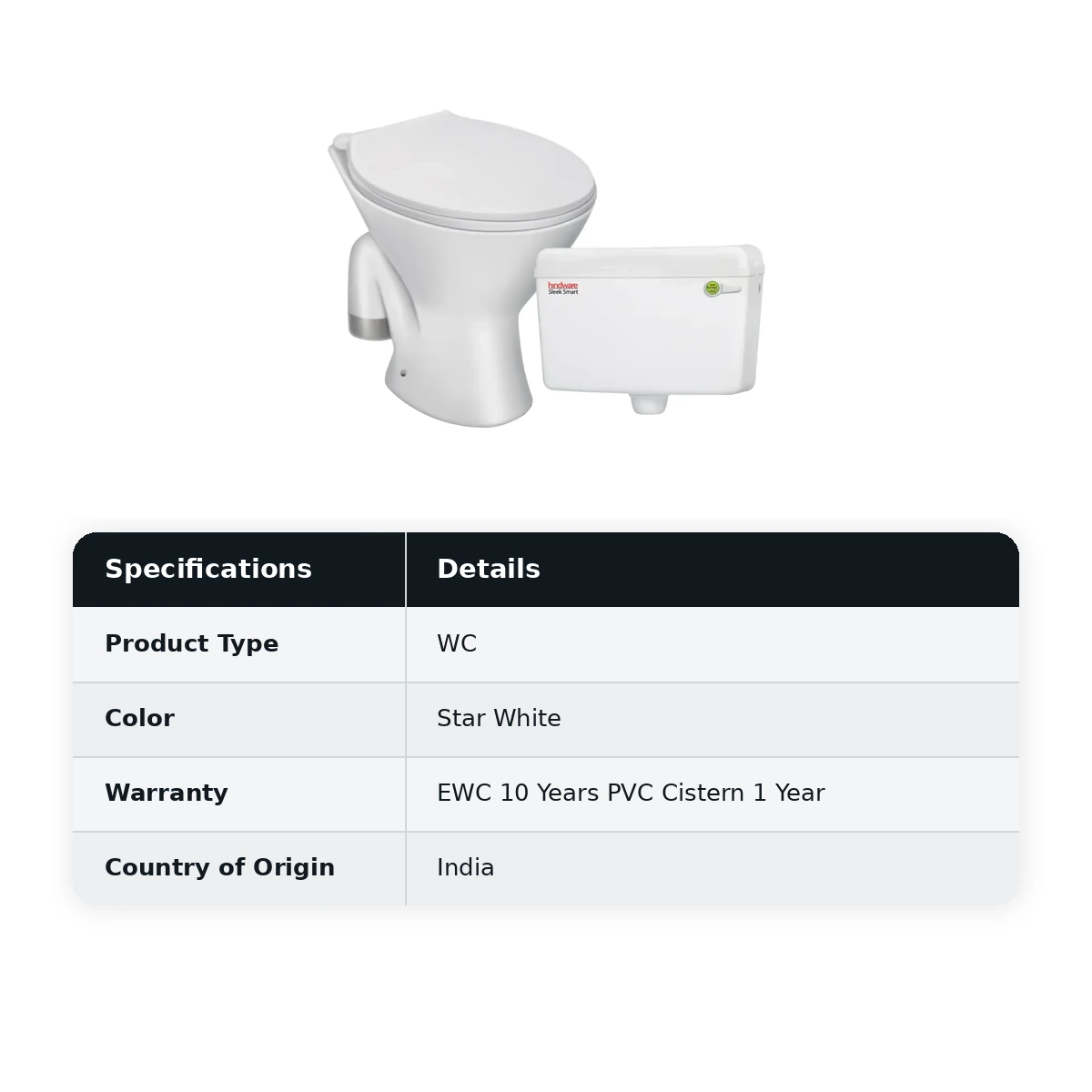 Hindware Slick-S Combo Standard Toilet, Size : (EWC): 575 x 360 x 390 mm & (CISTERN): 475 x 148 x 305 mm, ID : 519009 (S-285), Star White - image 2