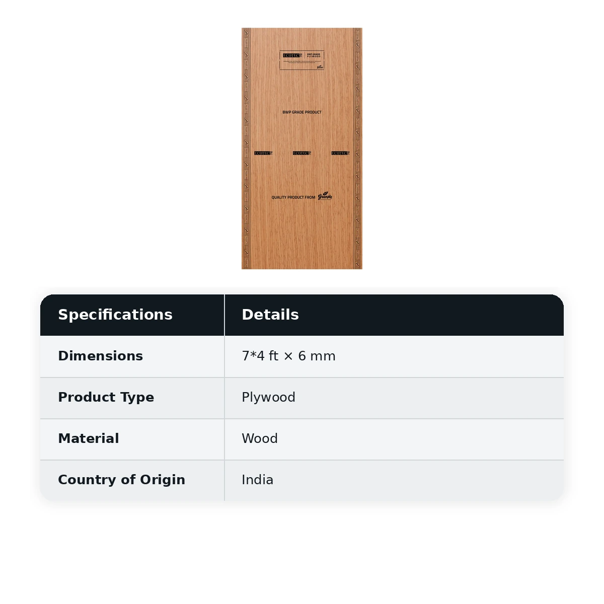 GreenPly EcoTec 710 BWP Plywood Thickness : 6mm Size : 7x4 Feet 10 Year Warranty