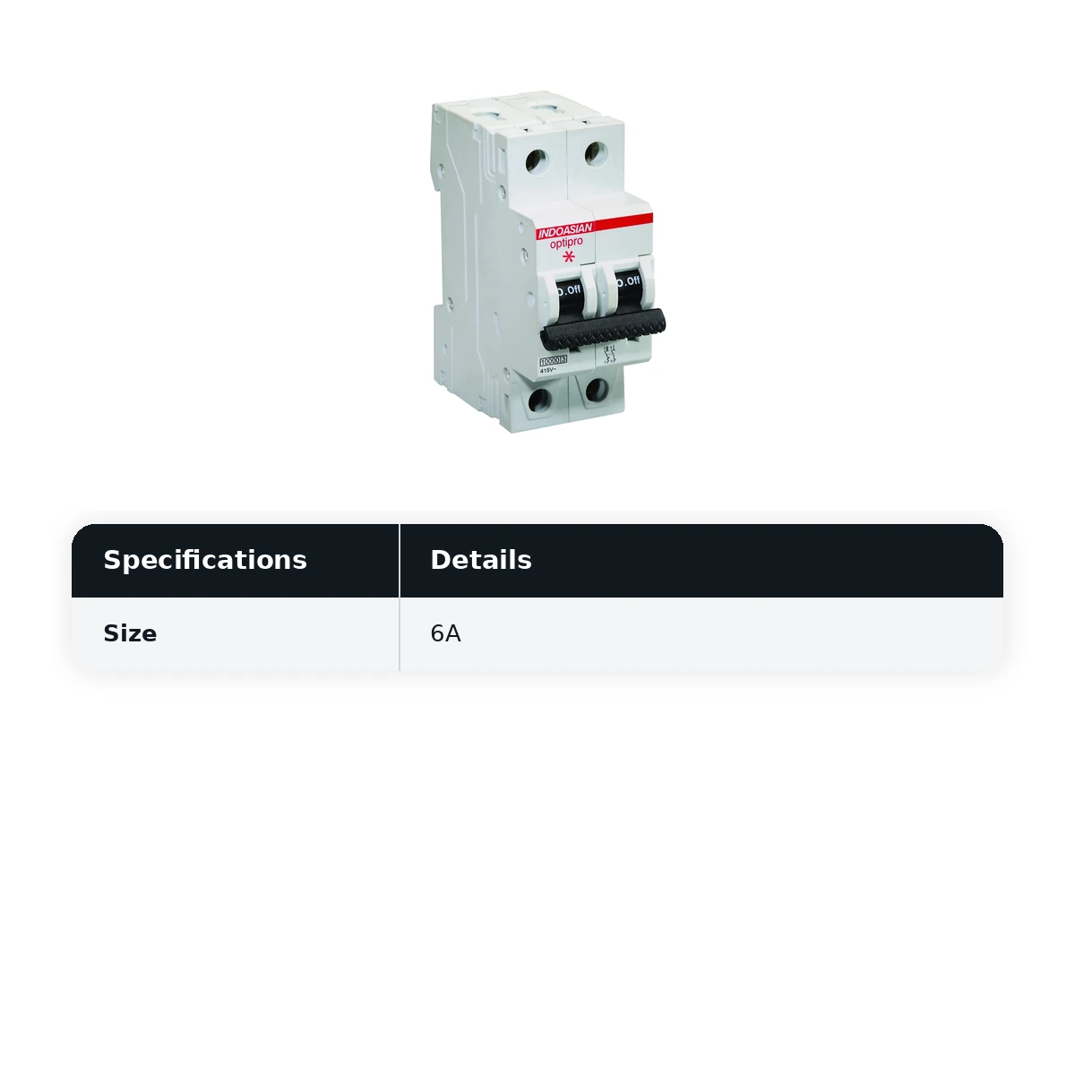 IndoAsian Optipro C Curve Double Pole 6A Miniature Circuit Breaker (MCB) 811166 - image 2