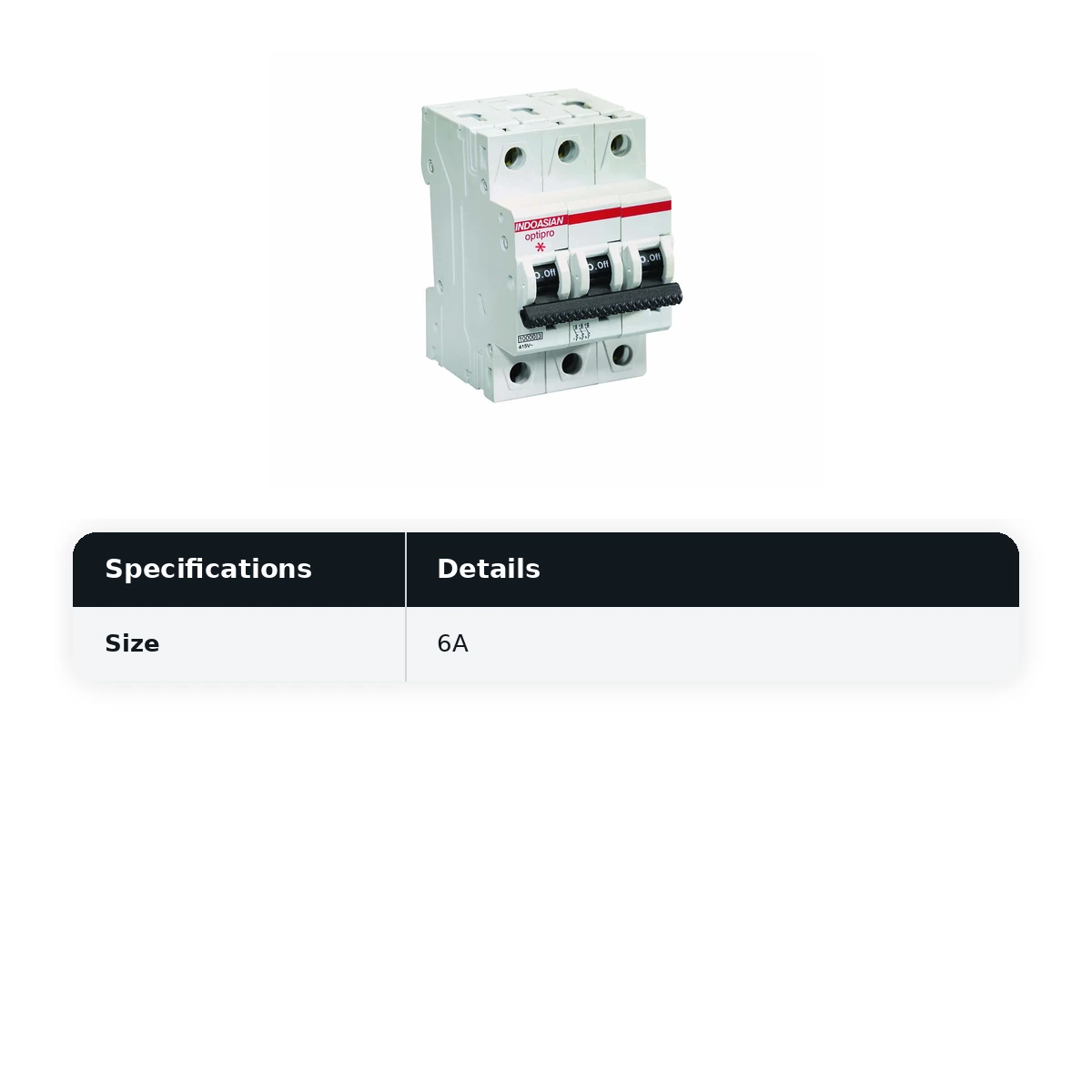 IndoAsian Optipro C Curve Three Pole 6A Miniature Circuit Breaker (MCB) 811188 - image 2