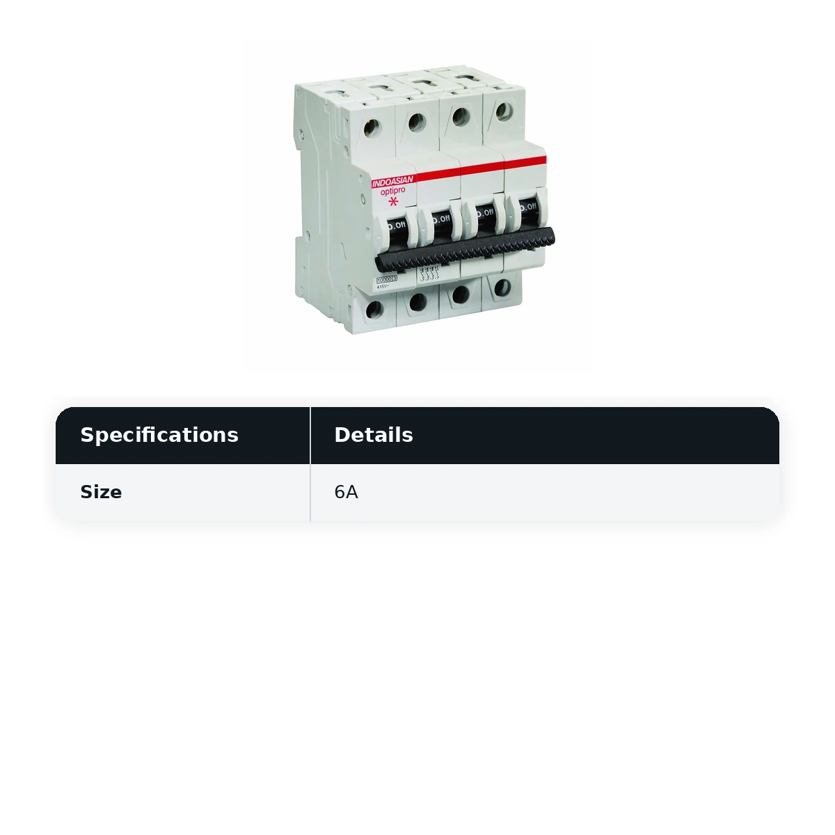 IndoAsian Optipro C Curve Three Pole Neutral 6A Miniature Circuit Breaker (MCB) 811210 - image 2