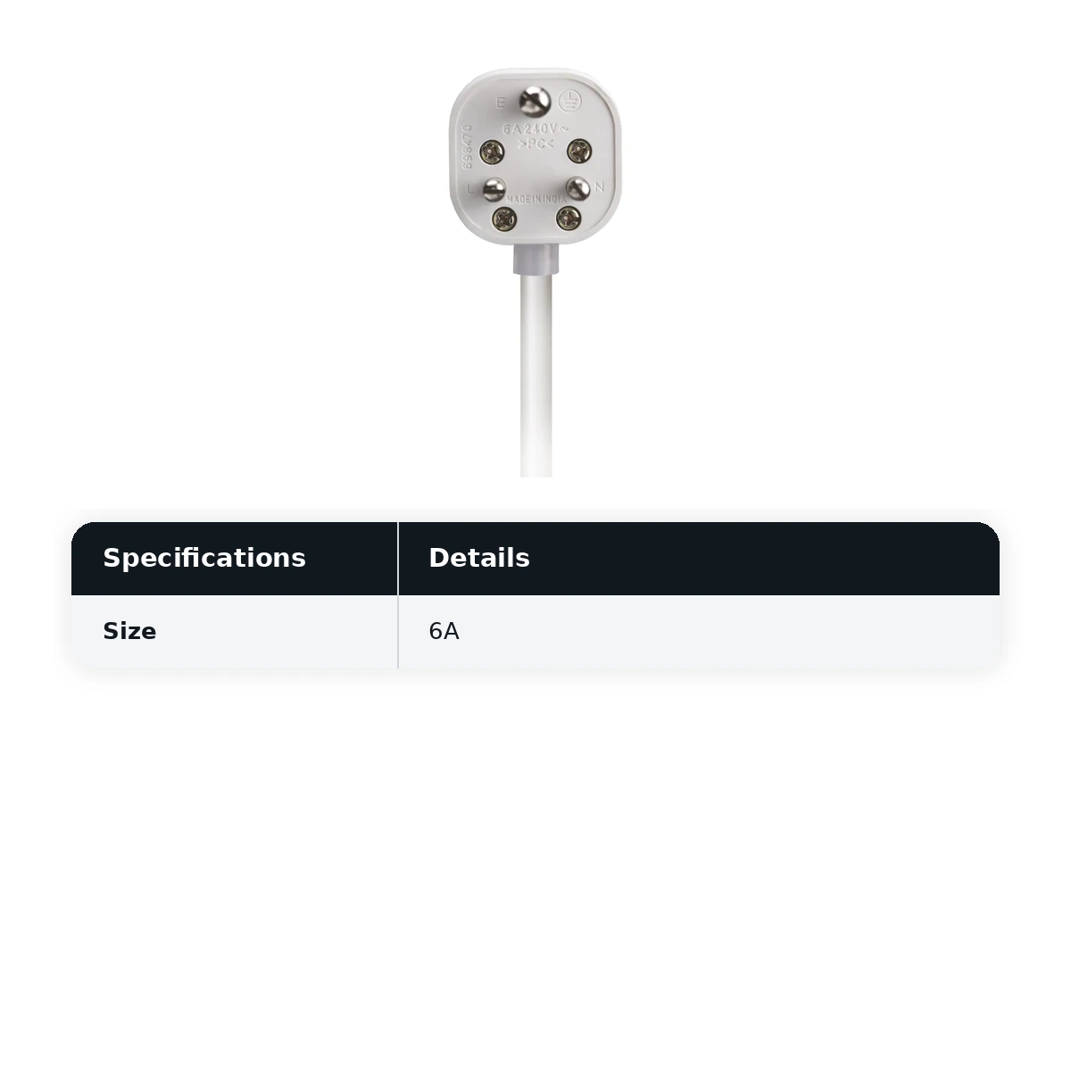 IndoAsian 6A 3-Pin Plug (ISI Mark), White Matt Finish 698470