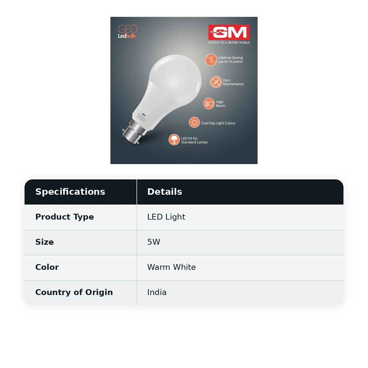 GM GEO B22 LED Bulb 5W 3K - image 3