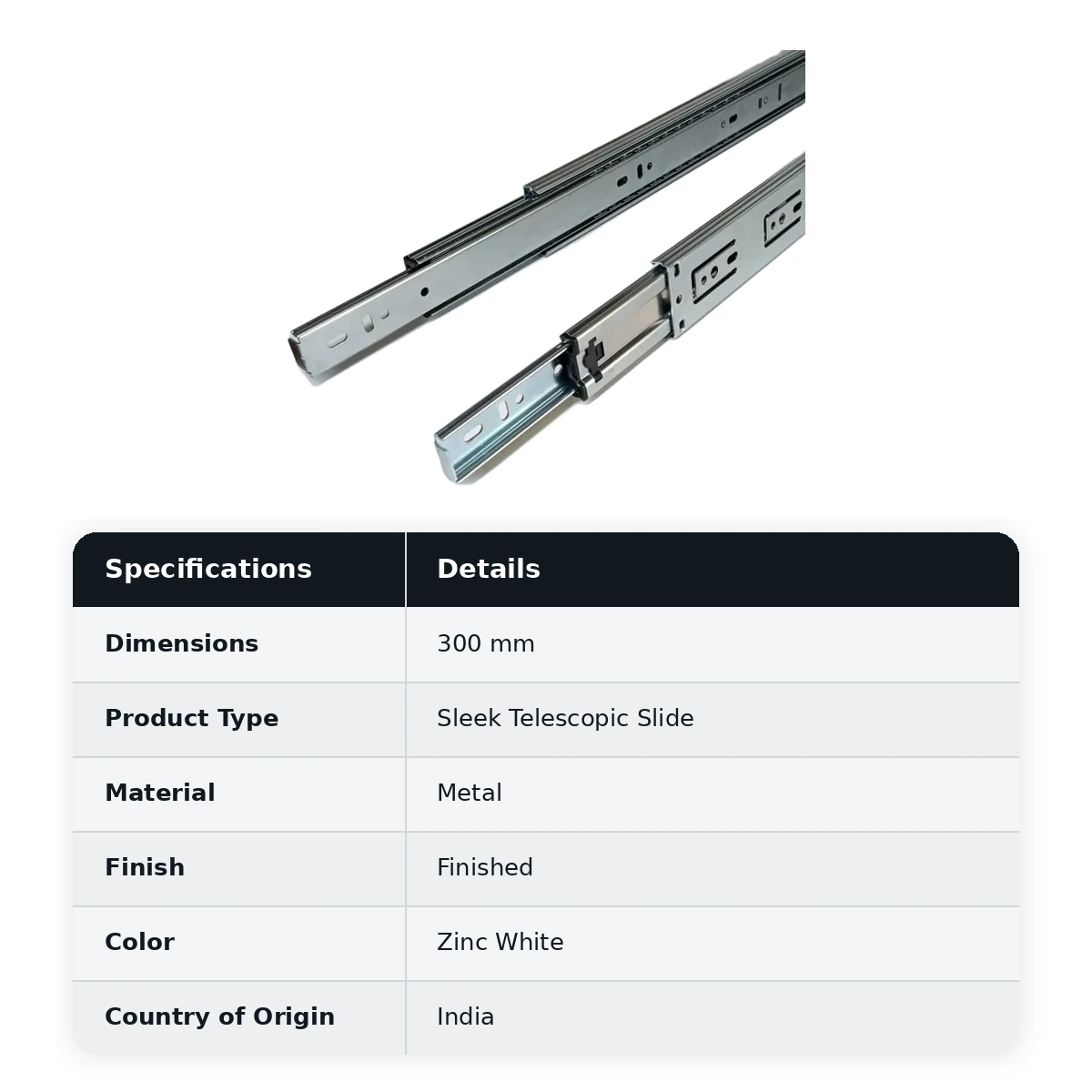 Ebco Hardware, Sleek Telescopic Drawer Channel
Slides - 35 - Soft Close, 300mm, Zinc White- Soft close, STDS30-35-SC
