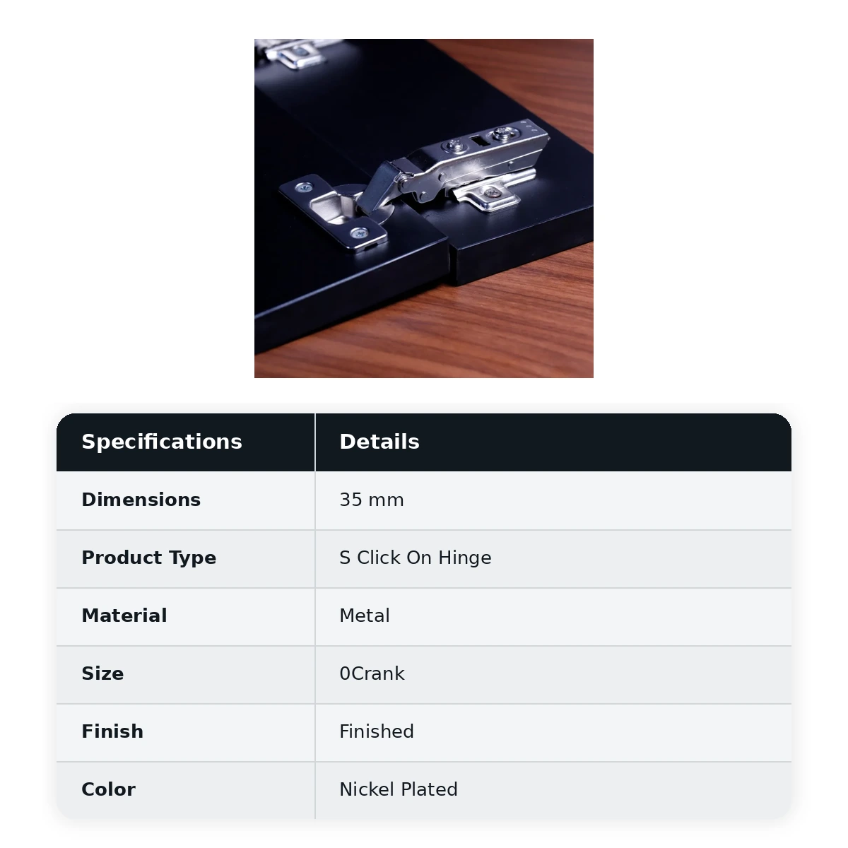Ebco Hardware, Hinge S Click On - Soft close - 35mm dia
0 Crank (Full Overlay), HSMS1A - image 2