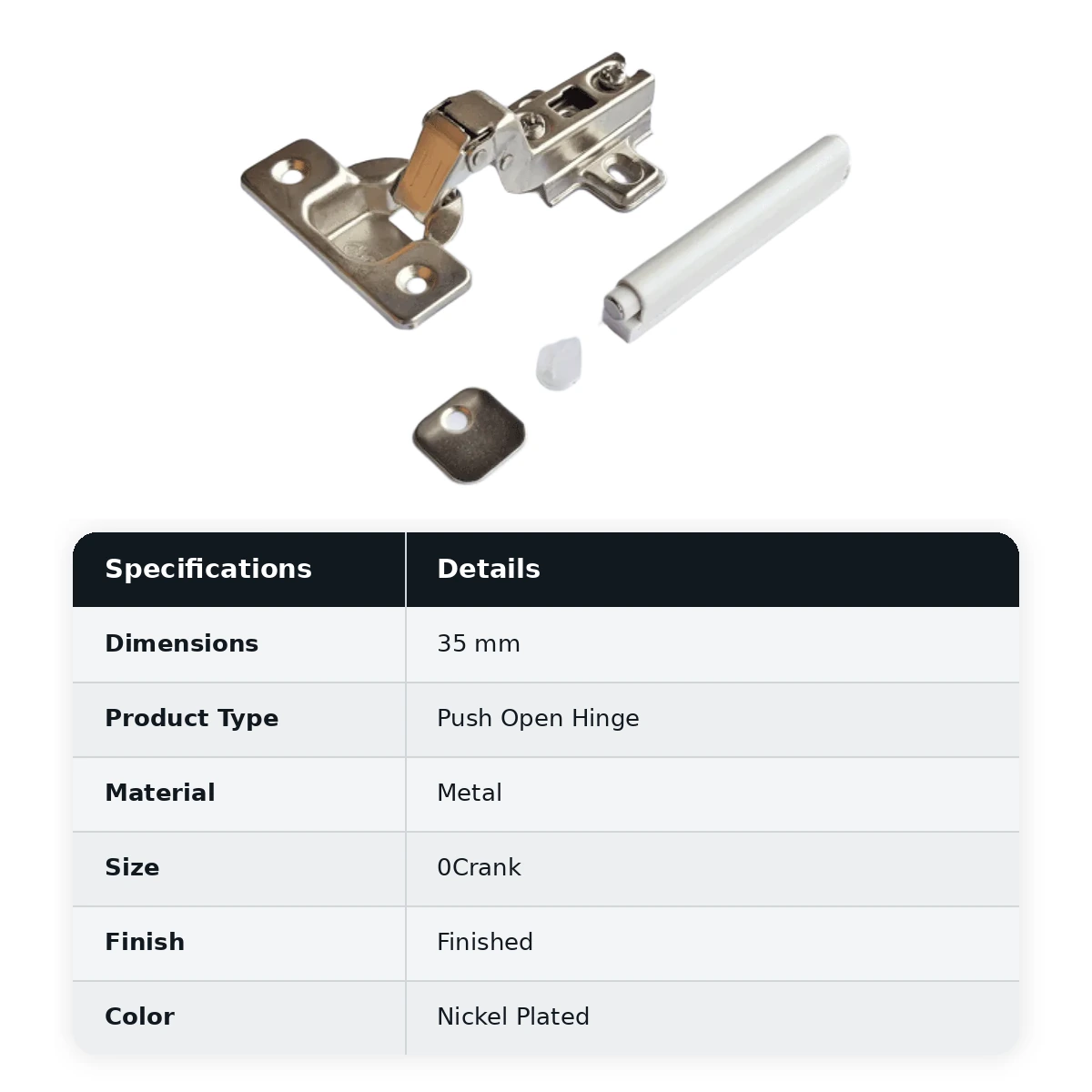 Ebco Hardware, Push Open hinge (with magnetic push open fitting) - 35mm dia, Regular close 0 Crank (Full Overlay), HPO1-POM - image 2
