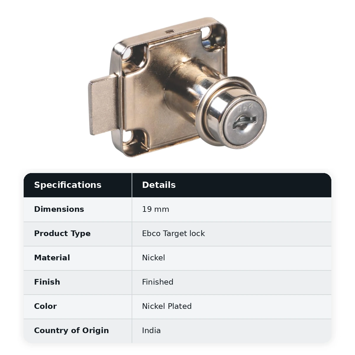 Ebco Square lock 22mm with metal keys, E-SQL1-22-M