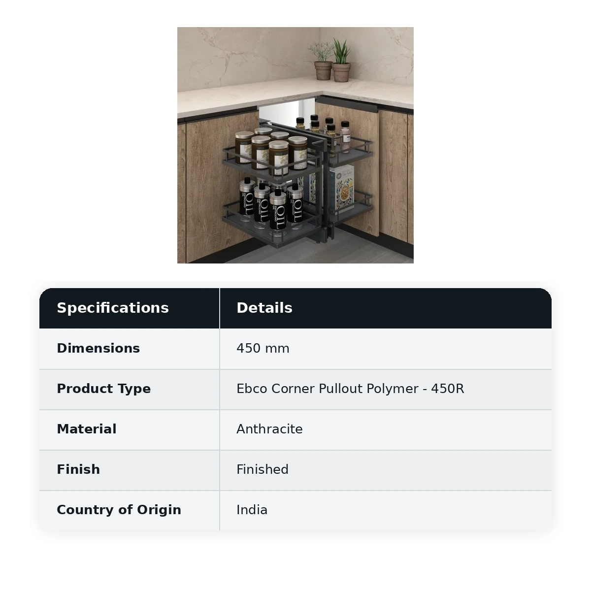 Ebco Double Corner Pullout Polymer 450R Soft close, DCPOP2-450R