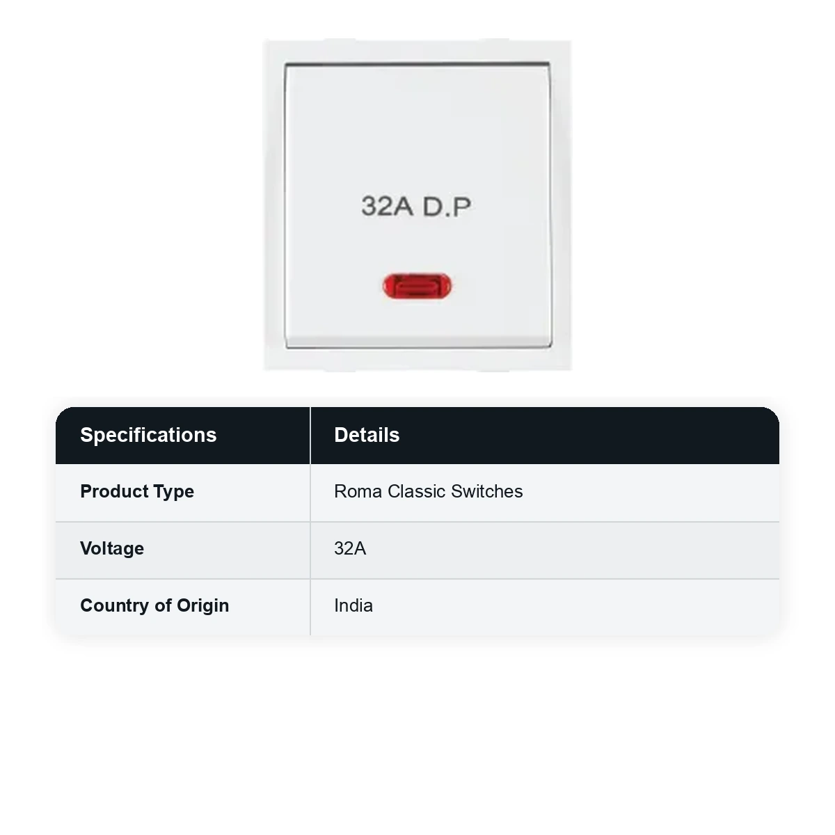 ANCHOR Roma White, 32A, D.P 1 Way Switch With Neon (Heavy Duty Double Pole Main Switch) 21984