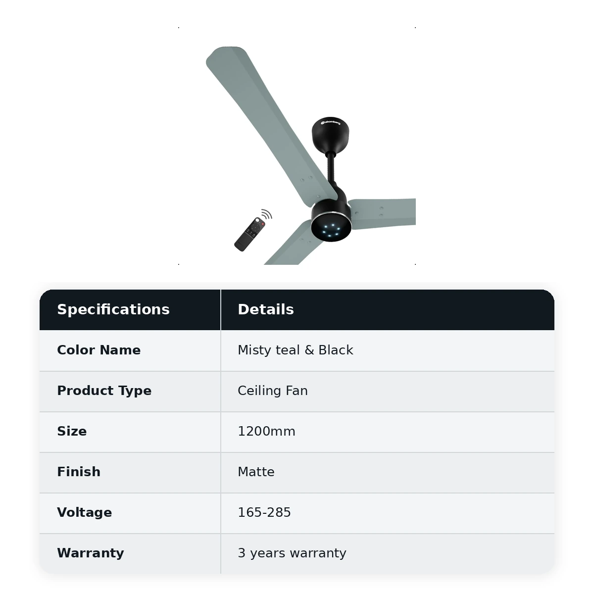 Atomberg Ceiling Sleek Fan Renesa Halo smart Fan with Remote 1200mm colour: Misty Teal & Black  - image 2