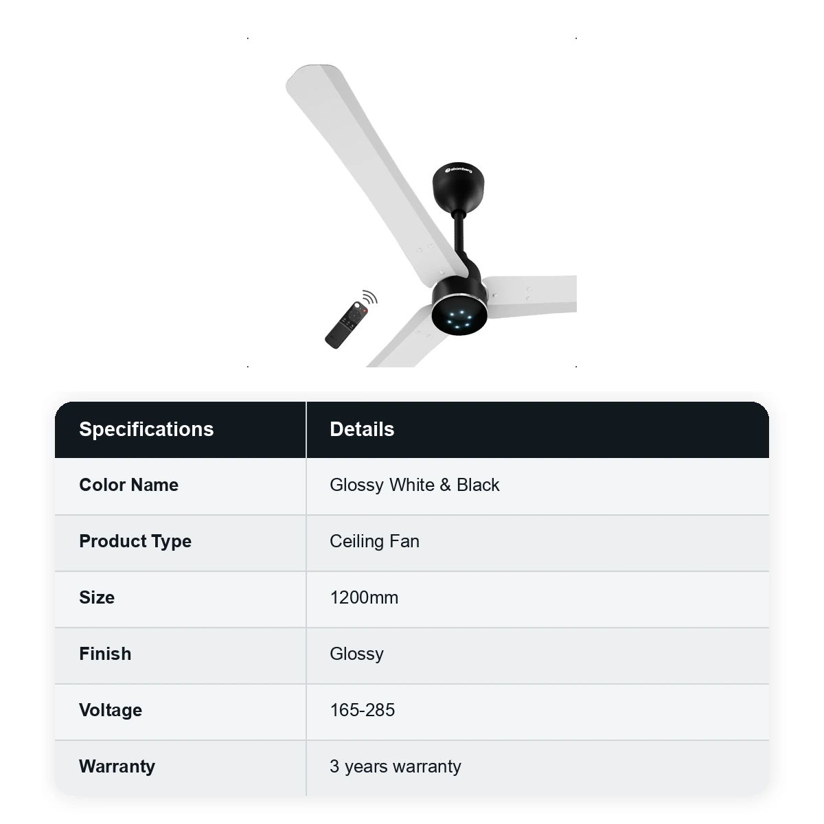 Atomberg Ceiling Sleek Fan Renesa Halo smart Fan with Remote 1200mm colour: Gloss white & Black  - image 2