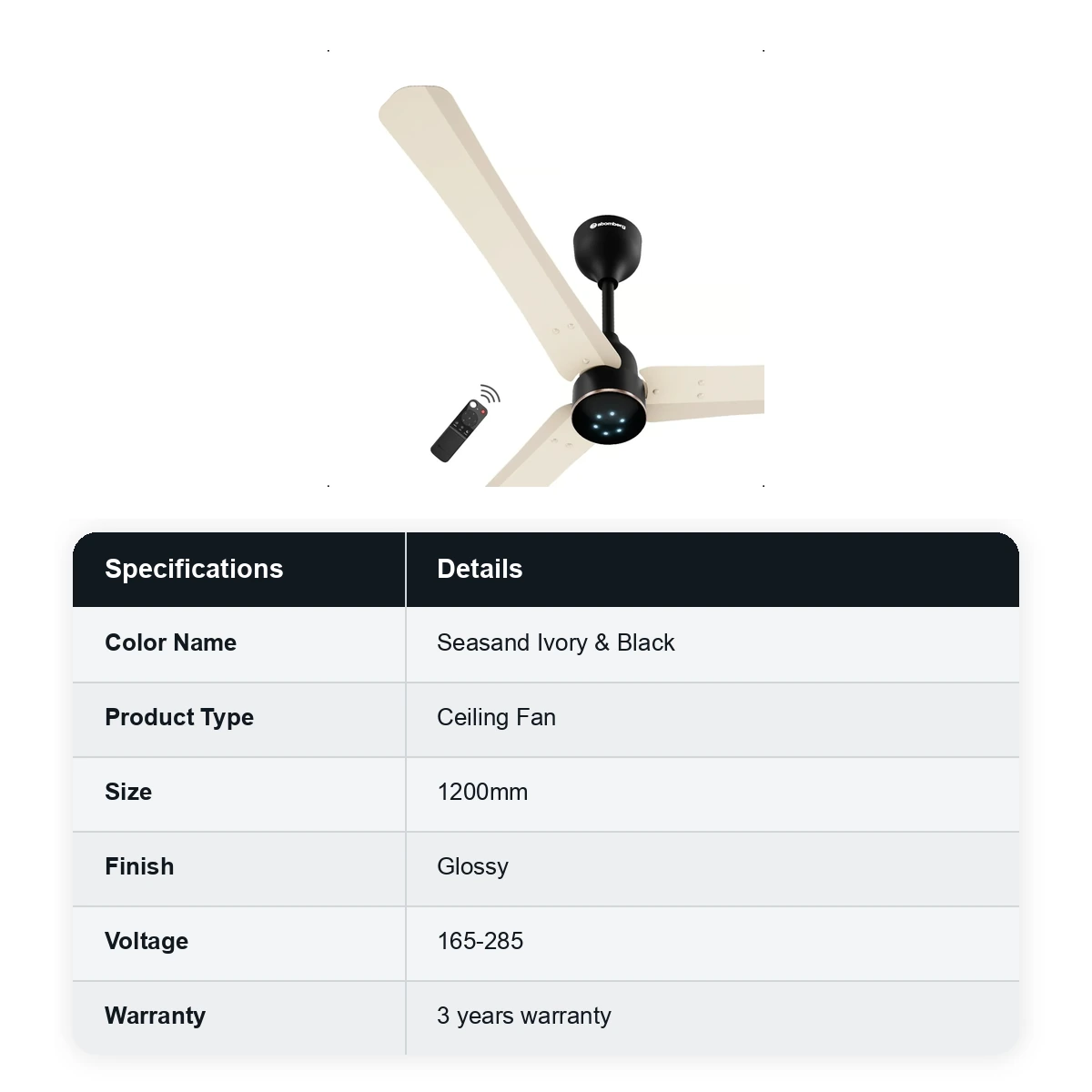 Atomberg Ceiling Sleek Fan Renesa Halo smart Fan with Remote 1200mm colour: Seasand Ivory & Black