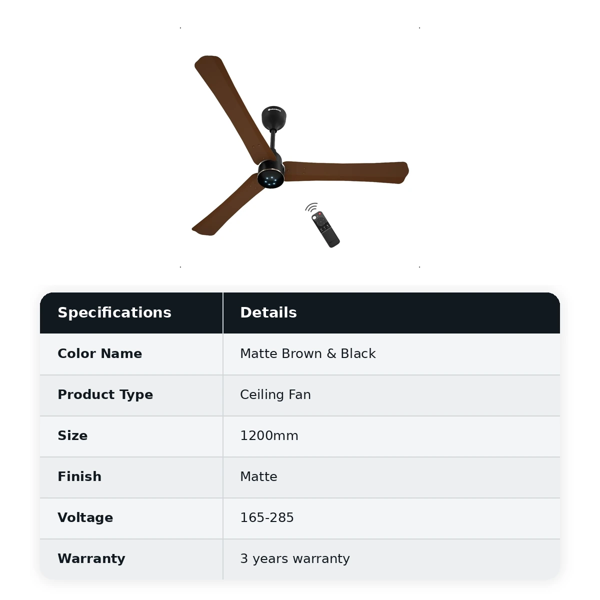 Atomberg Ceiling Sleek Fan Renesa Halo smart Fan with Remote 1200mm colour: Matte Brown & Black