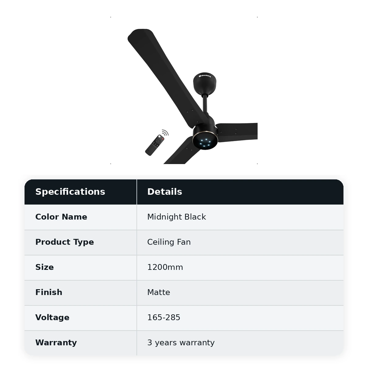 Atomberg Ceiling Sleek Fan Renesa Halo smart Fan with Remote 1200mm colour: Midnight Black