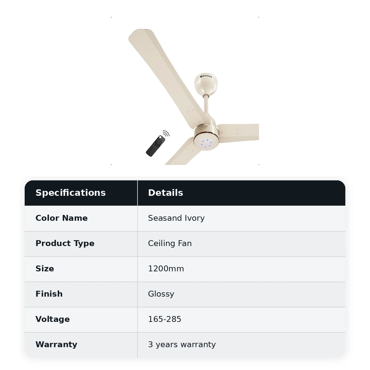 Atomberg Ceiling Sleek Fan Renesa Halo smart Fan with Remote 1200mm colour: Seasand Ivory & Black  - image 2
