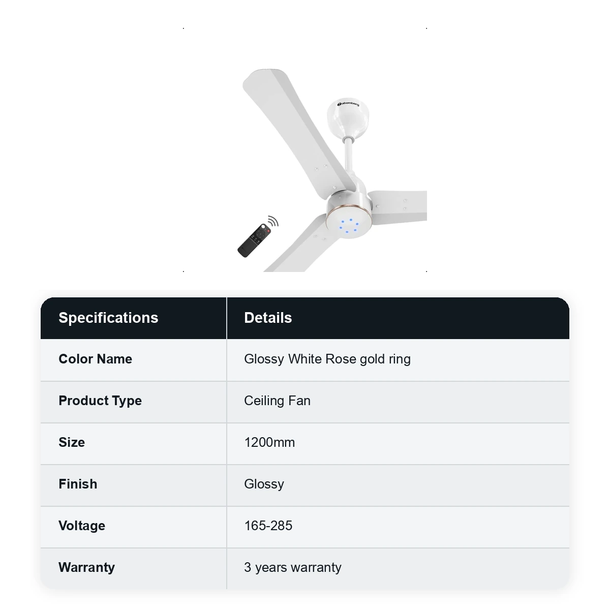 Atomberg Ceiling Sleek Fan Renesa Halo smart Fan with Remote 1200mm colour: Glossy white rose gold ring  - image 2
