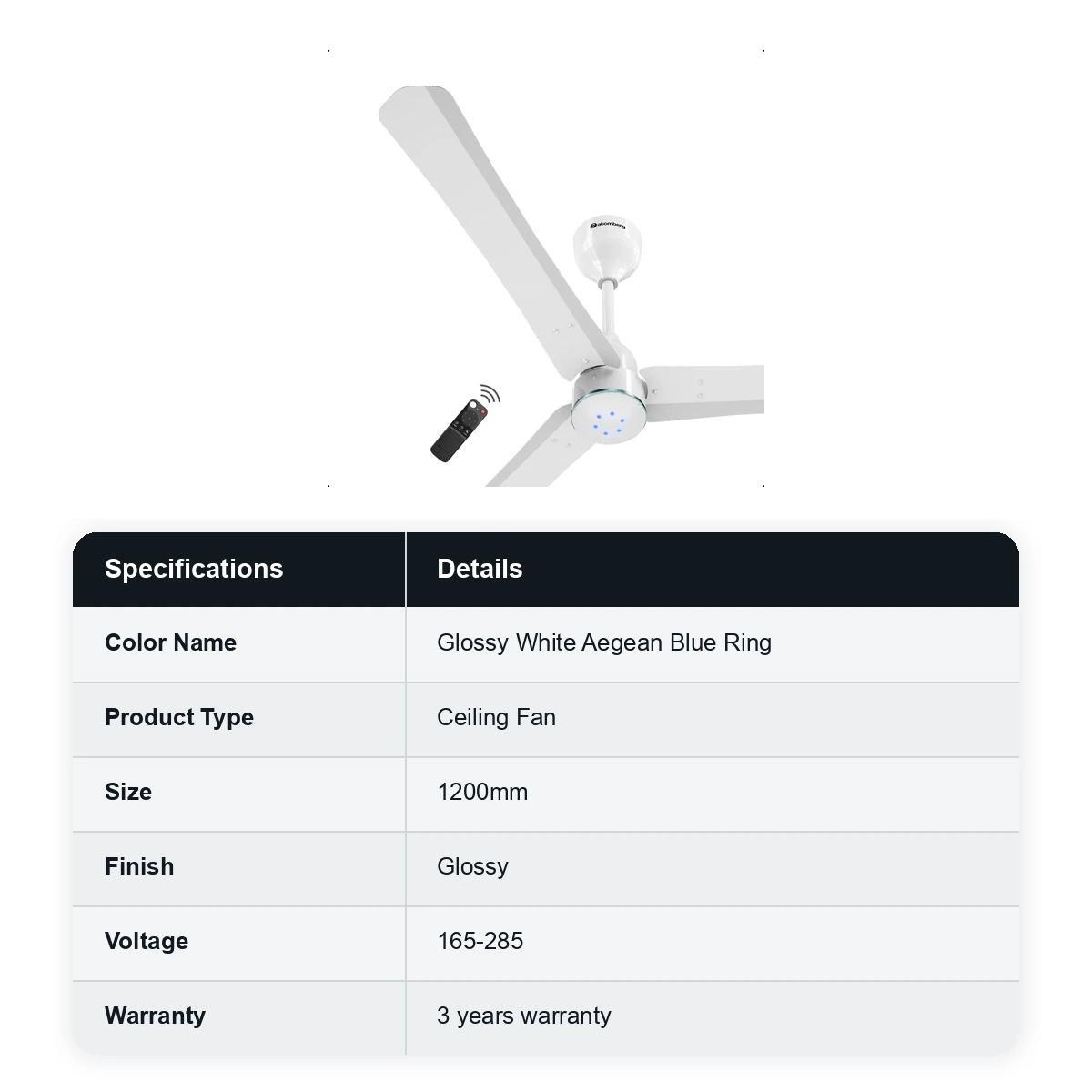Atomberg Ceiling Sleek Fan Renesa Halo smart Fan with Remote 1200mm colour: Gloss white aegean blue ring - image 2