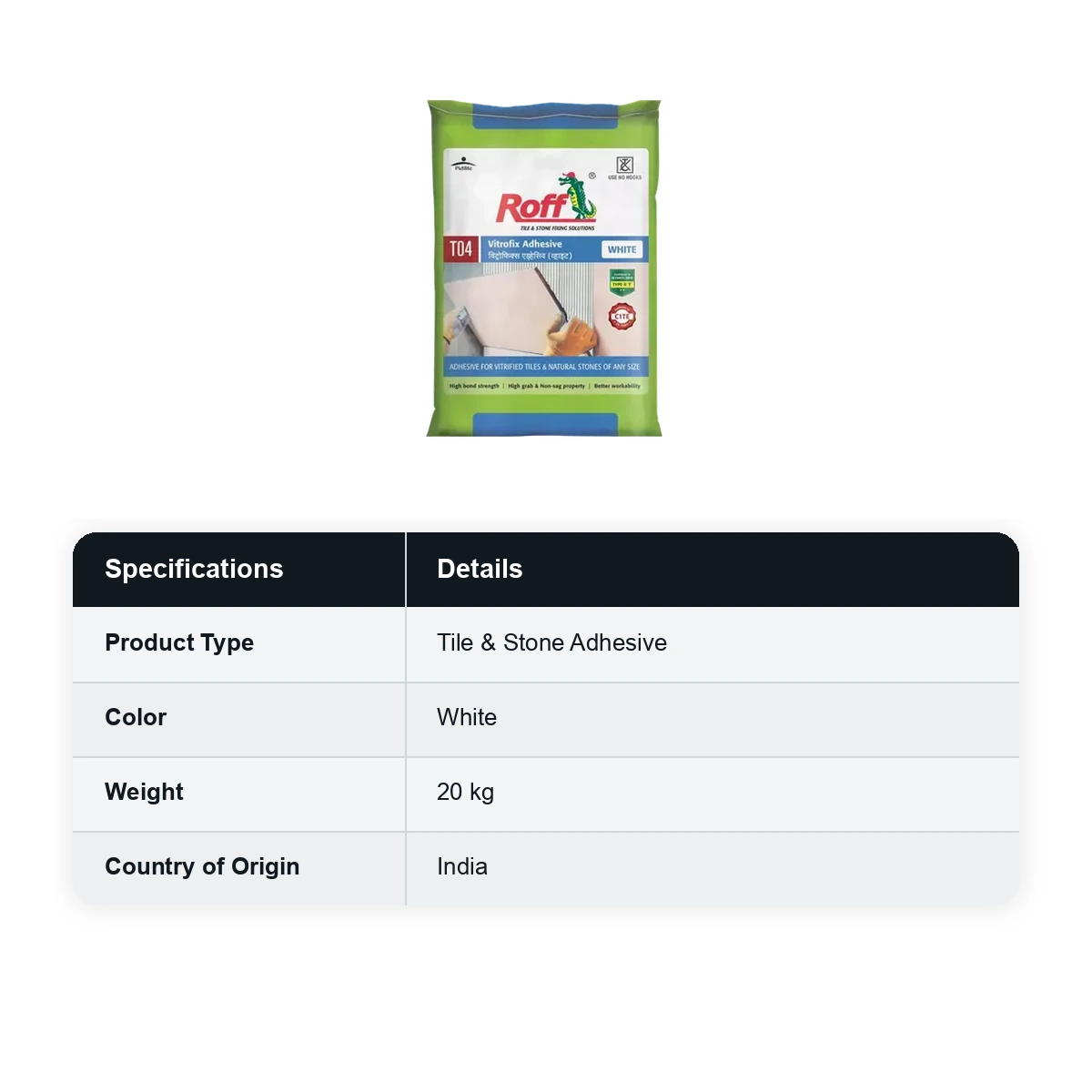 Roff (T04) Vitrofix Adhesive, White, 20Kg Bag